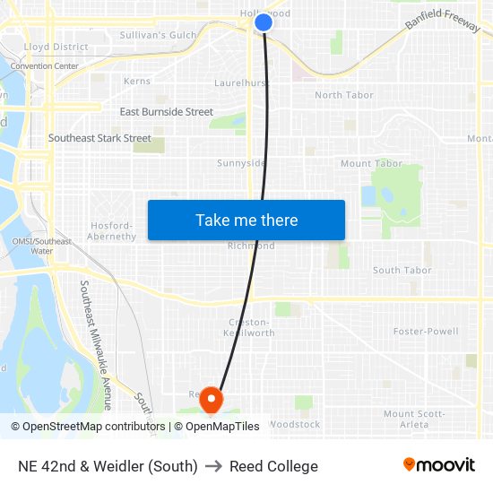 NE 42nd & Weidler (South) to Reed College map