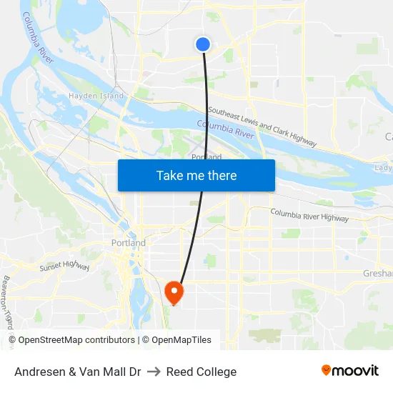 Andresen & Van Mall Dr to Reed College map