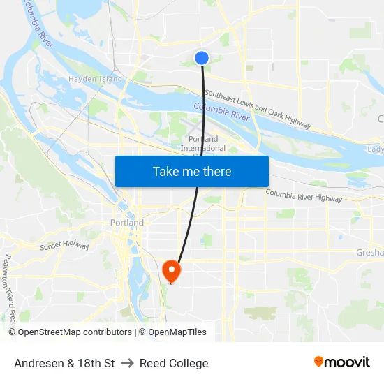 Andresen & 18th St to Reed College map