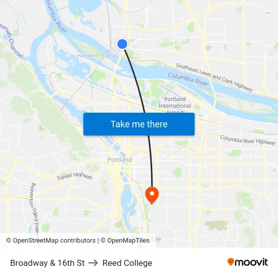 Broadway & 16th St to Reed College map