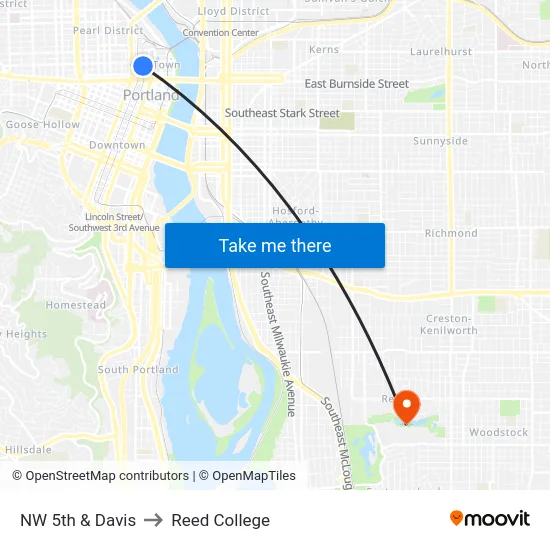 NW 5th & Davis to Reed College map