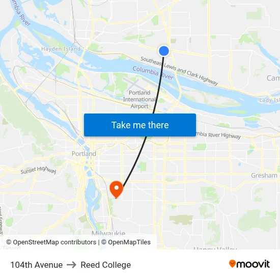 104th Avenue to Reed College map