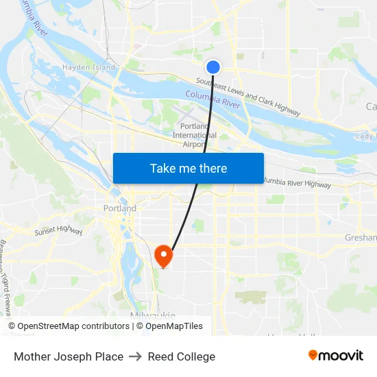 Mother Joseph Place to Reed College map