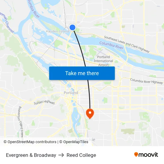 Evergreen & Broadway to Reed College map