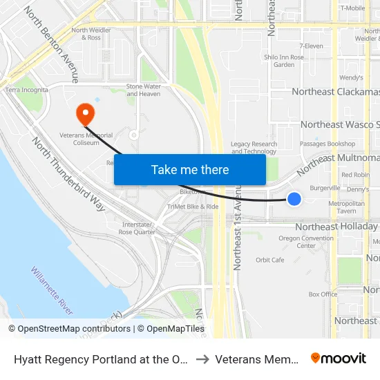Hyatt Regency Portland at the Oregon Convention Center to Veterans Memorial Coliseum map