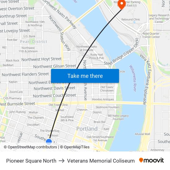 Pioneer Square North to Veterans Memorial Coliseum map
