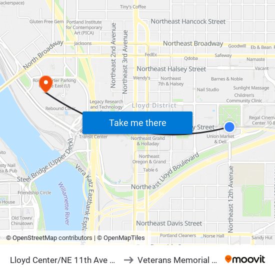 Lloyd Center/NE 11th Ave Max Station to Veterans Memorial Coliseum map