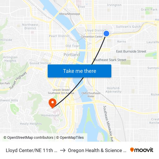 Lloyd Center/NE 11th Ave Max Station to Oregon Health & Science University Hospital map