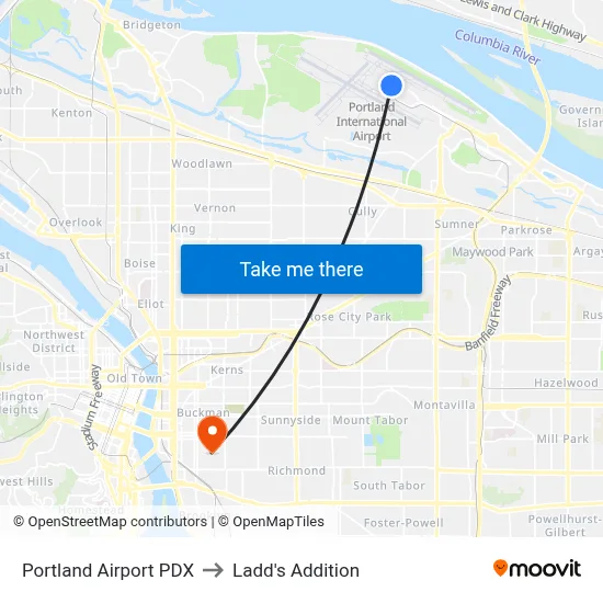 Portland Airport PDX to Ladd's Addition map
