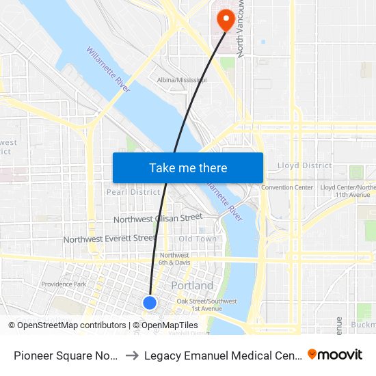 Pioneer Square North to Legacy Emanuel Medical Center map