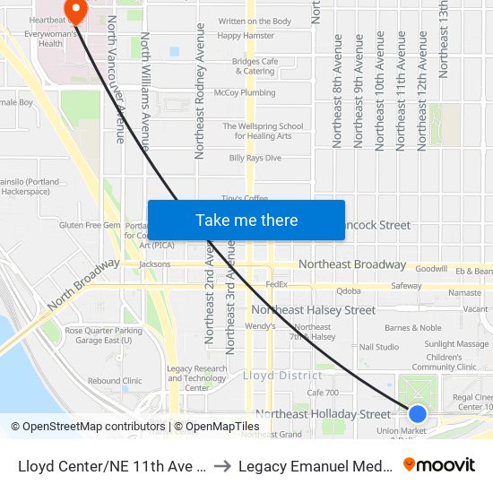 Lloyd Center/NE 11th Ave Max Station to Legacy Emanuel Medical Center map