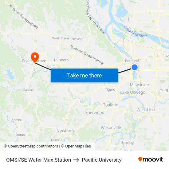 OMSI/SE Water Max Station to Pacific University map