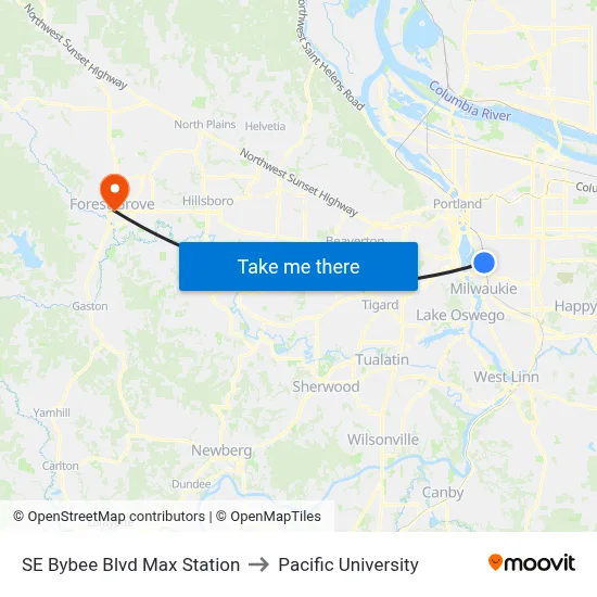 SE Bybee Blvd Max Station to Pacific University map