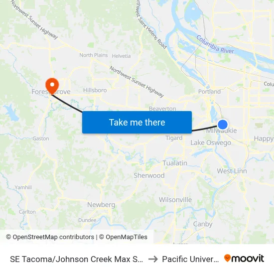 SE Tacoma/Johnson Creek Max Station to Pacific University map