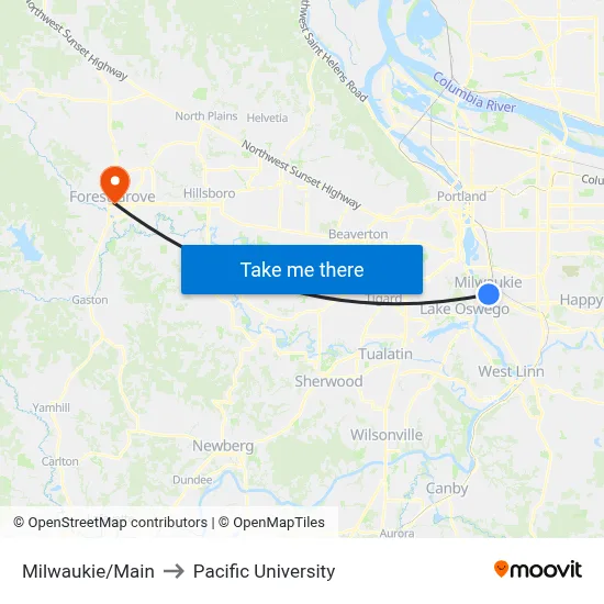 Milwaukie/Main to Pacific University map