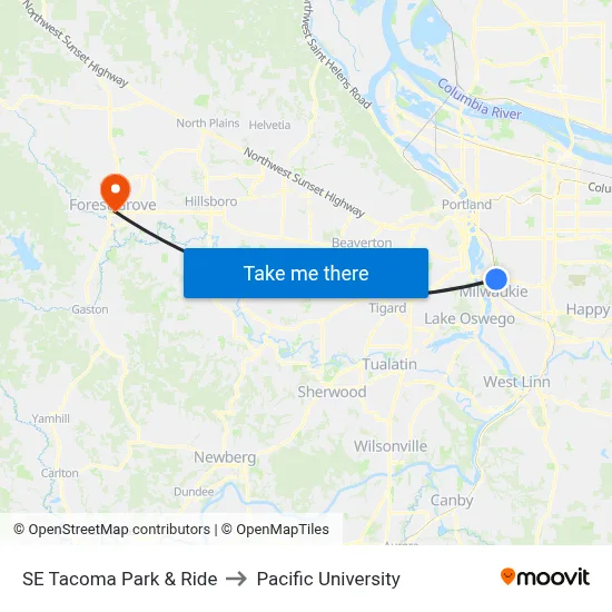 SE Tacoma Park & Ride to Pacific University map