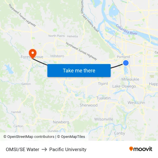 OMSI/SE Water to Pacific University map