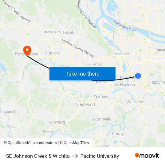 SE Johnson Creek & Wichita to Pacific University map