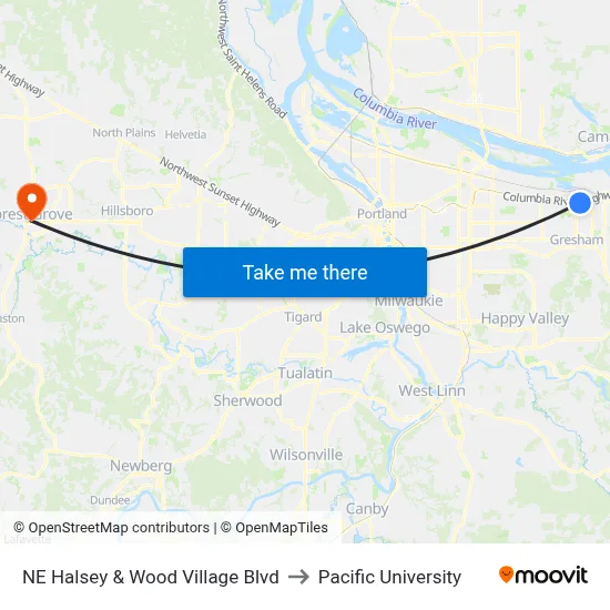 NE Halsey & Wood Village Blvd to Pacific University map
