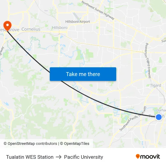Tualatin WES Station to Pacific University map