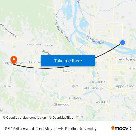 SE 164th Ave at Fred Meyer to Pacific University map