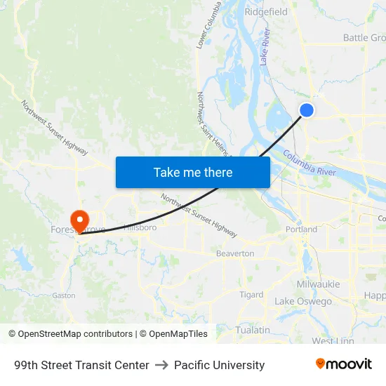 99th Street Transit Center to Pacific University map