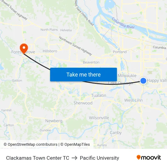 Clackamas Town Center TC to Pacific University map