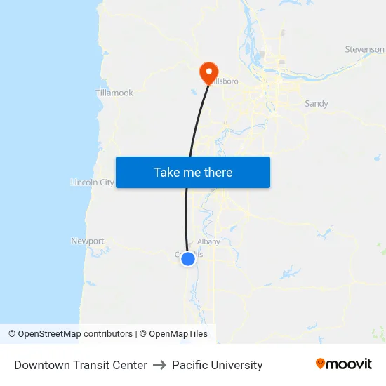 Downtown Transit Center to Pacific University map