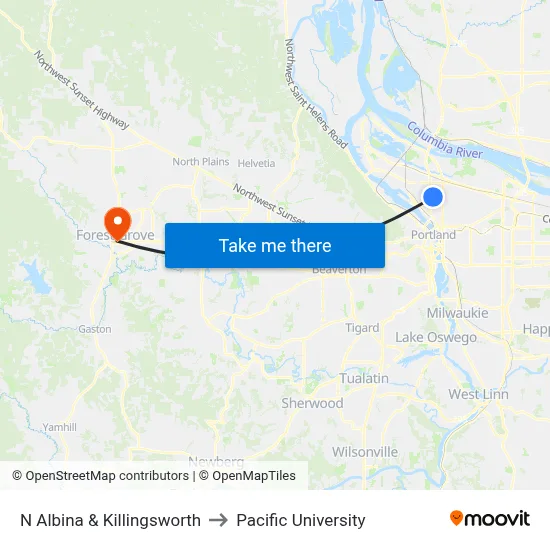 N Albina & Killingsworth to Pacific University map
