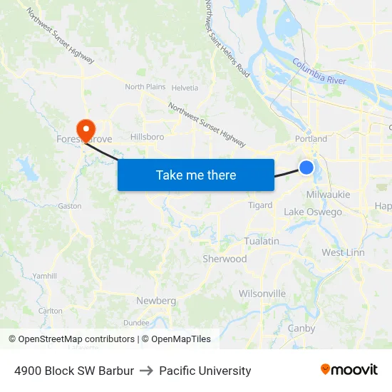 4900 Block SW Barbur to Pacific University map