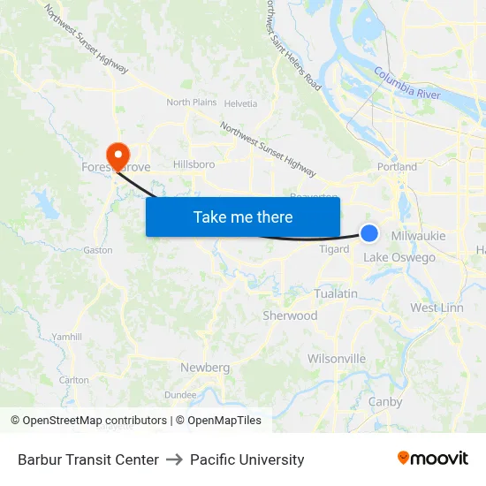 Barbur Transit Center to Pacific University map