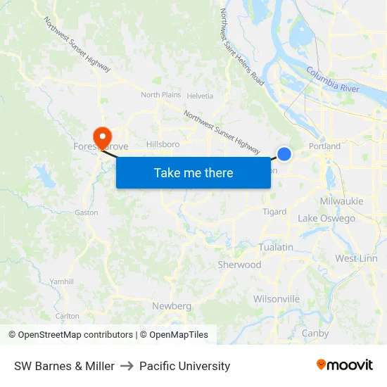 SW Barnes & Miller to Pacific University map