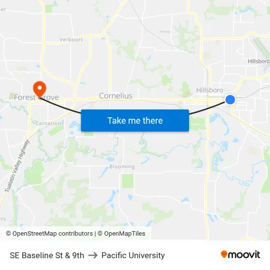 SE Baseline St & 9th to Pacific University map