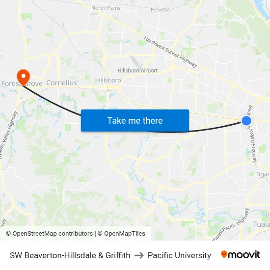 SW Beaverton-Hillsdale & Griffith to Pacific University map