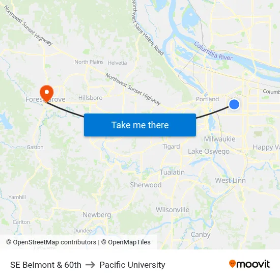 SE Belmont & 60th to Pacific University map