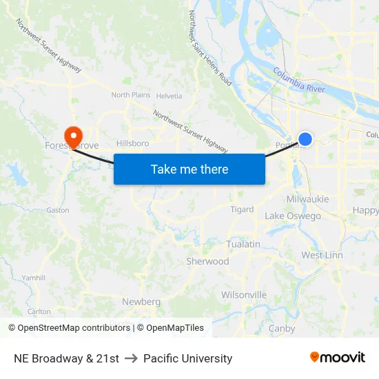 NE Broadway & 21st to Pacific University map