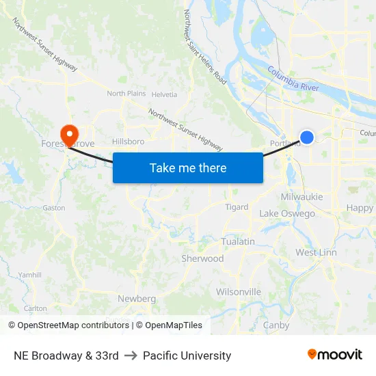 NE Broadway & 33rd to Pacific University map