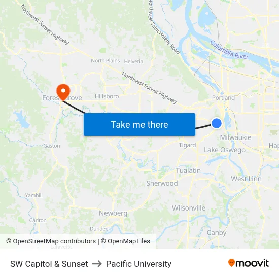 SW Capitol & Sunset to Pacific University map
