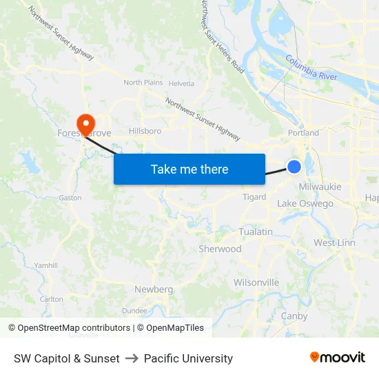 SW Capitol & Sunset to Pacific University map