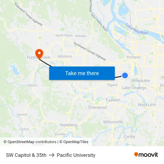 SW Capitol & 35th to Pacific University map