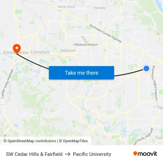 SW Cedar Hills & Fairfield to Pacific University map