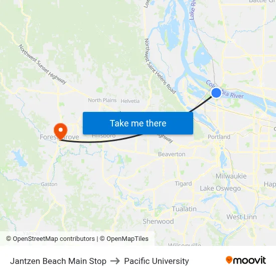 Jantzen Beach Main Stop to Pacific University map