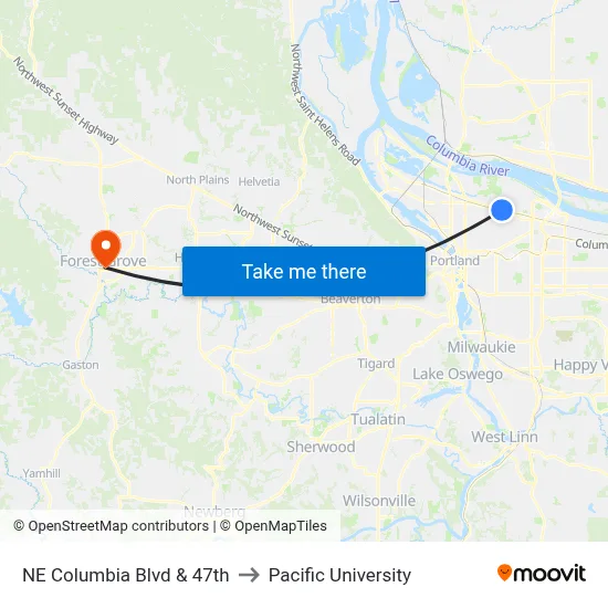 NE Columbia Blvd & 47th to Pacific University map