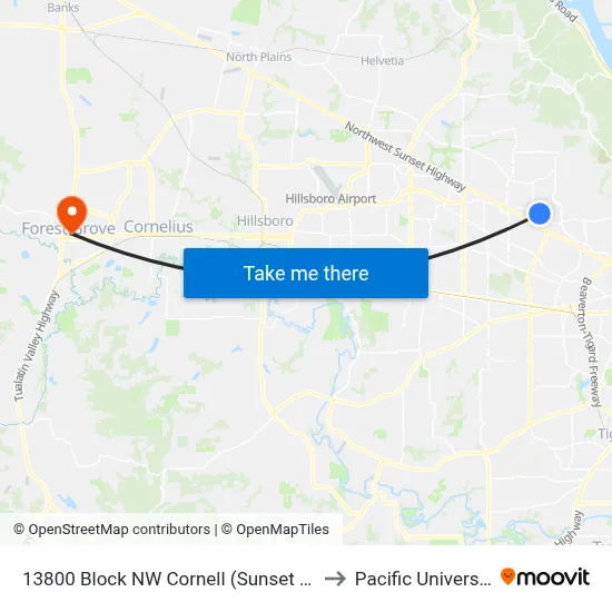 13800 Block NW Cornell (Sunset HS) to Pacific University map
