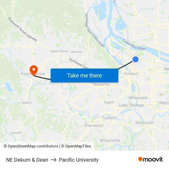 NE Dekum & Dean to Pacific University map