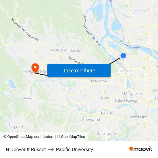 N Denver & Russet to Pacific University map