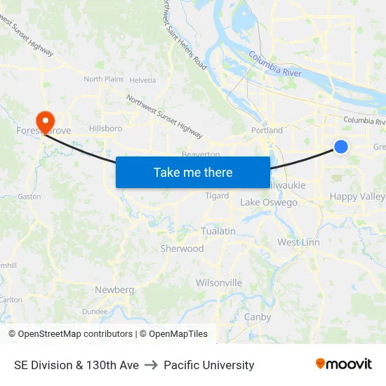 SE Division & 130th Ave to Pacific University map