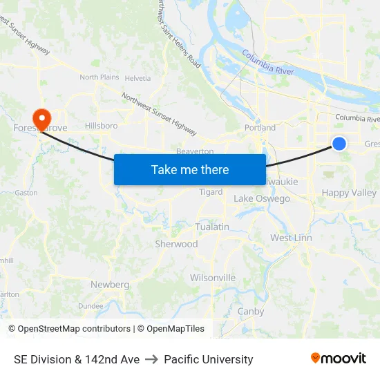 SE Division & 142nd Ave to Pacific University map