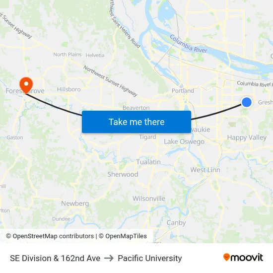 SE Division & 162nd Ave to Pacific University map