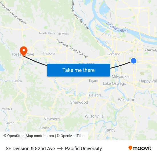 SE Division & 82nd Ave to Pacific University map